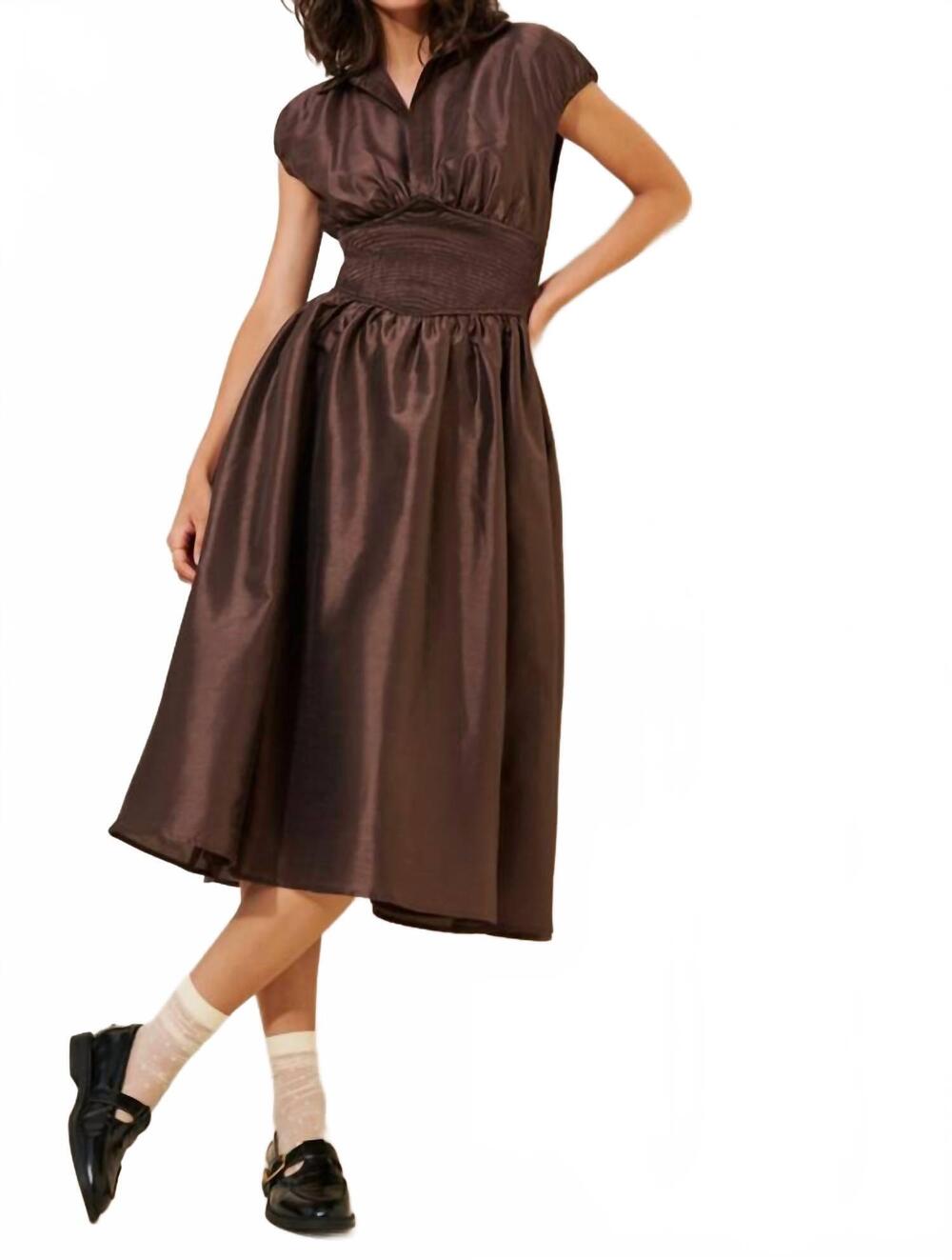 NEW HUTCH drop-waist short-sleeve iridescent midi dress in brown
